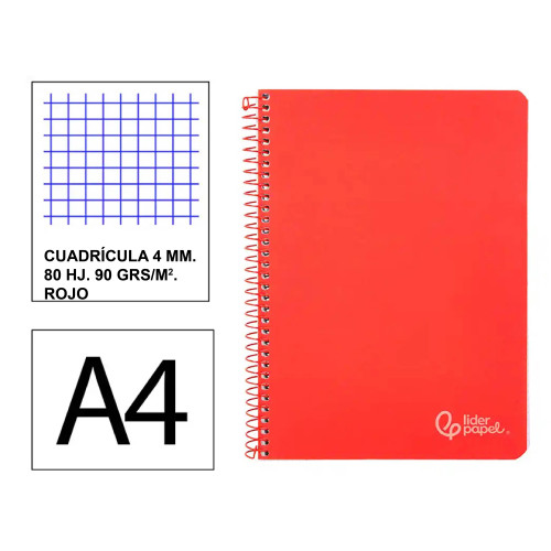 Cuaderno espiral tapa dura liderpapel serie witty, din a4, 80 hj. 90 grs/m². 4x4 c/m. rojo
