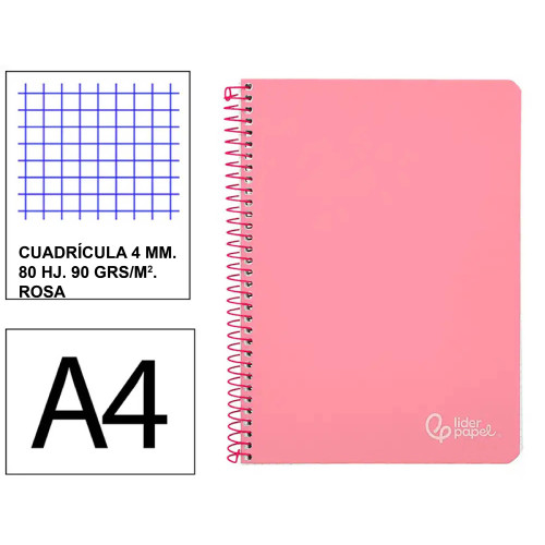 Cuaderno espiral tapa dura liderpapel serie witty, din a4, 80 hj. 90 grs/m². 4x4 c/m. rosa