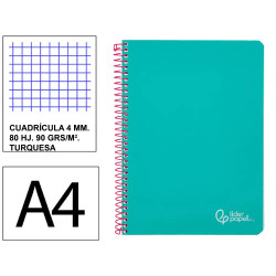 Cuaderno espiral tapa dura liderpapel serie witty, din a4, 80 hj. 90 grs/m². 4x4 c/m. turquesa