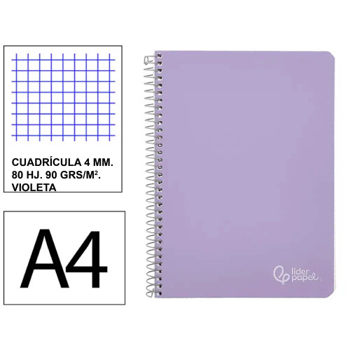 Cuaderno espiral tapa dura liderpapel serie witty, din a4, 80 hj. 90 grs/m². 4x4 c/m. violeta