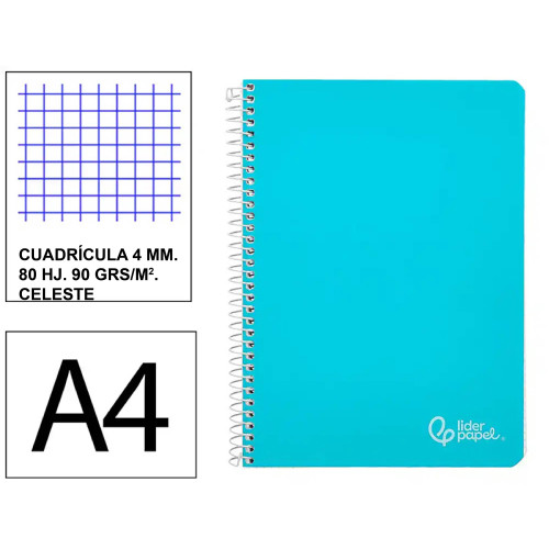 Cuaderno espiral tapa dura liderpapel serie witty, din a4, 80 hj. 90 grs/m². 4x4 c/m. celeste