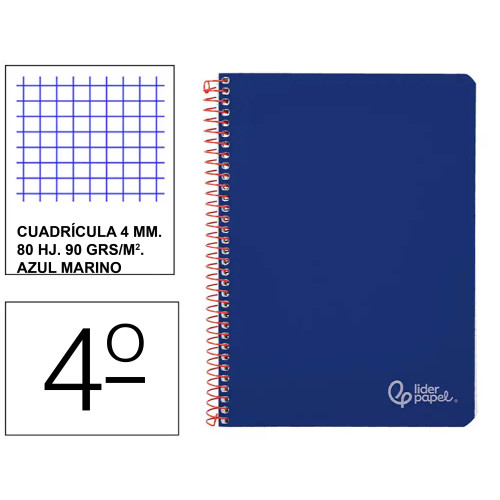 Cuaderno espiral tapa dura liderpapel serie witty, 4º, 80 hj. 90 grs/m². 4x4 c/m. azul marino