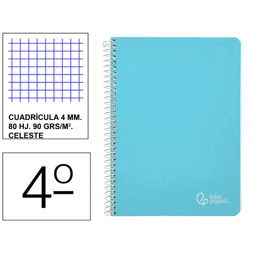 Cuaderno espiral tapa dura liderpapel serie witty, 4º, 80 hj. 90 grs/m². 4x4 c/m. celeste