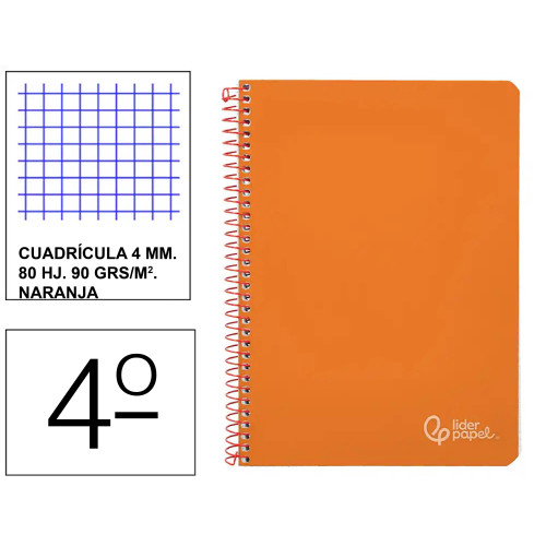 Cuaderno espiral tapa dura liderpapel serie witty, 4º, 80 hj. 90 grs/m². 4x4 c/m. naranja