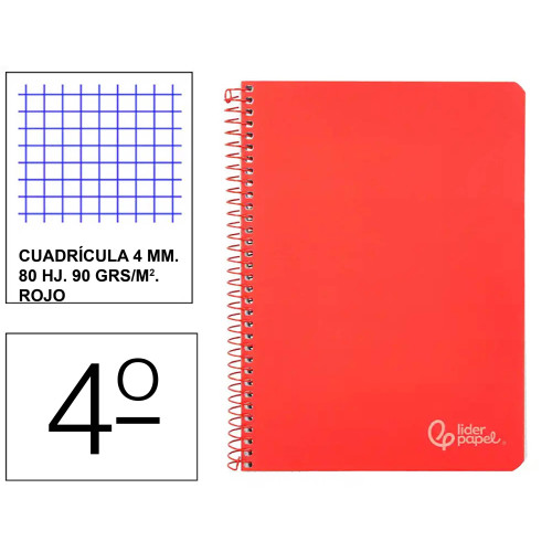 Cuaderno espiral tapa dura liderpapel serie witty, 4º, 80 hj. 90 grs/m². 4x4 c/m. rojo
