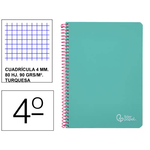 Cuaderno espiral tapa dura liderpapel serie witty, 4º, 80 hj. 90 grs/m². 4x4 c/m. turquesa