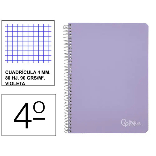 Cuaderno espiral tapa dura liderpapel serie witty, 4º, 80 hj. 90 grs/m². 4x4 c/m. violeta