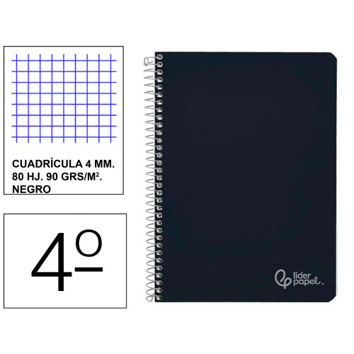 Cuaderno espiral tapa dura liderpapel serie witty, 4º, 80 hj. 90 grs/m². 4x4 c/m. negro