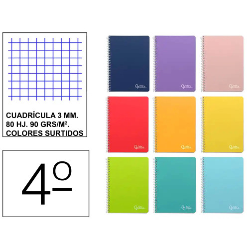 Cuaderno espiral tapa dura liderpapel serie witty, 4º, 80 hj. 90 grs/m². 3x3 c/m. colores surtidos