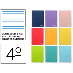 Cuaderno espiral tapa dura liderpapel serie witty, 4º, 80 hj. 90 grs/m². rayado montessori 5 mm. c/m. colores surtidos