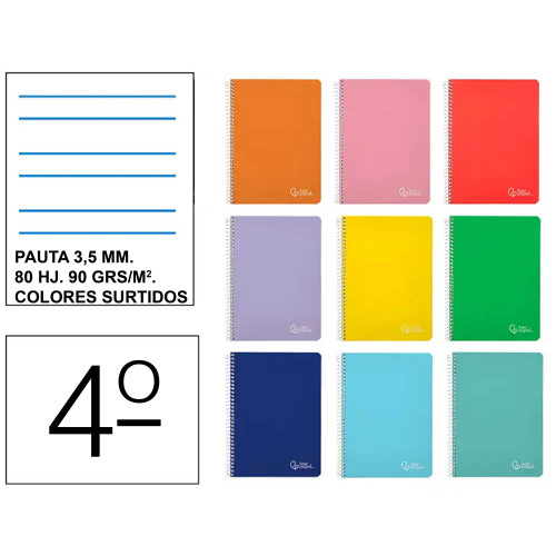 Cuaderno espiral tapa dura liderpapel serie witty, 4º, 80 hj. 75 grs/m². pauta ancha 3,5 mm. c/m. colores surtidos