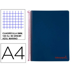 Cuaderno espiral con tapas de polipropileno liderpapel serie wonder, din a4, 120 hj. 90 grs/m². 5x5 s/m. azul marino