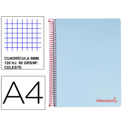 Cuaderno espiral con tapas de polipropileno liderpapel serie wonder, din a4, 120 hj. 90 grs/m². 5x5 s/m. celeste