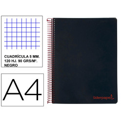 Cuaderno espiral con tapas de polipropileno liderpapel serie wonder, din a4, 120 hj. 90 grs/m². 5x5 s/m. negro