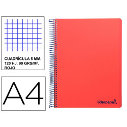 Cuaderno espiral con tapas de polipropileno liderpapel serie wonder, din a4, 120 hj. 90 grs/m². 5x5 s/m. rojo