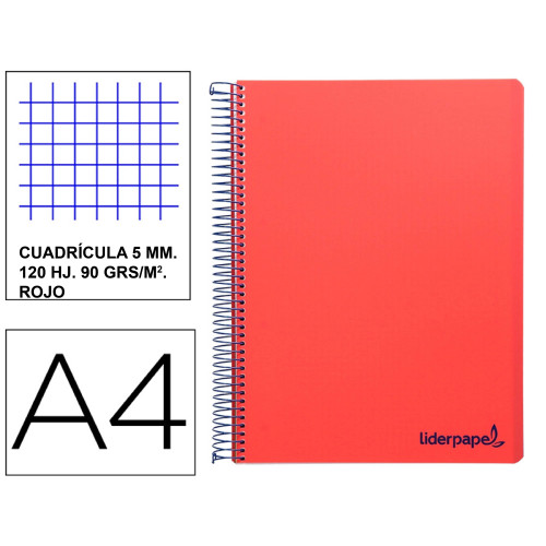 Cuaderno espiral con tapas de polipropileno liderpapel serie wonder, din a4, 120 hj. 90 grs/m². 5x5 s/m. rojo