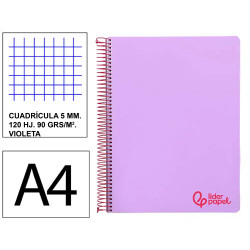 Cuaderno espiral con tapas de polipropileno liderpapel serie wonder, din a4, 120 hj. 90 grs/m². 5x5 s/m. violeta