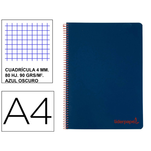 Cuaderno espiral con tapas de polipropileno liderpapel serie wonder, din a4, 80 hj. 90 grs/m². 4x4 c/m. azul marino