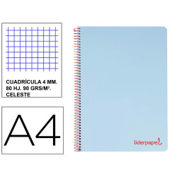 Cuaderno espiral con tapas de polipropileno liderpapel serie wonder, din a4, 80 hj. 90 grs/m². 4x4 c/m. celeste