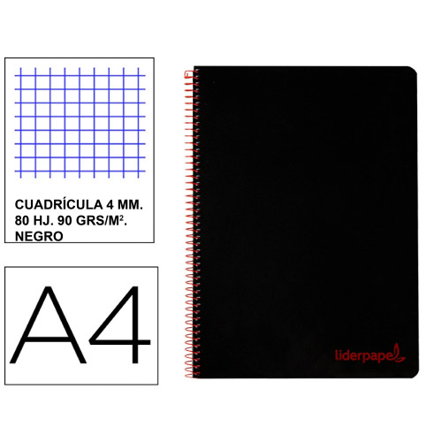 Cuaderno espiral con tapas de polipropileno liderpapel, serie wonder din a4, 80 hj. 90 grs/m². 4x4 c/m. negro