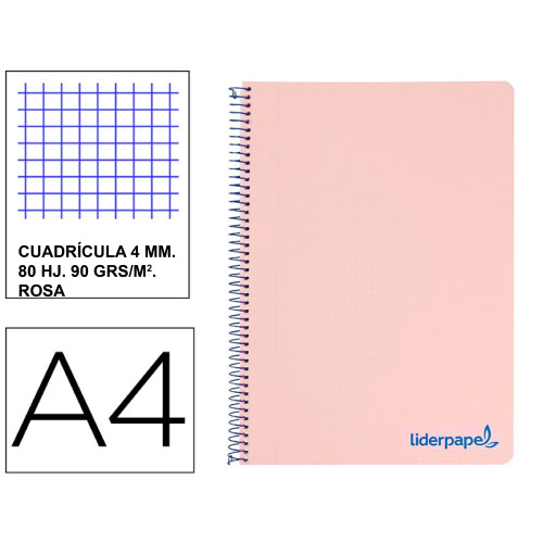 Cuaderno espiral con tapas de polipropileno liderpapel serie wonder, din a4, 80 hj. 90 grs/m². 4x4 c/m. rosa