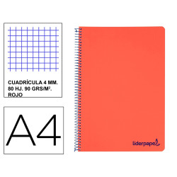 Cuaderno espiral con tapas de polipropileno liderpapel serie wonder, din a4, 80 hj. 90 grs/m². 4x4 c/m. rojo