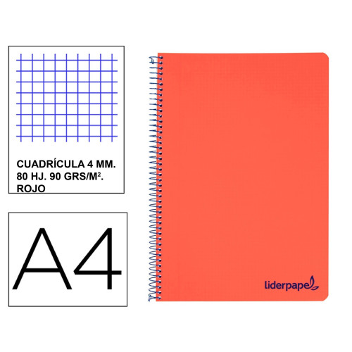 Cuaderno espiral con tapas de polipropileno liderpapel serie wonder, din a4, 80 hj. 90 grs/m². 4x4 c/m. rojo