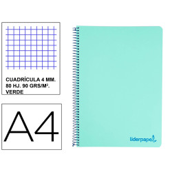 Cuaderno espiral con tapas de polipropileno liderpapel serie wonder, din a4, 80 hj. 90 grs/m². 4x4 c/m. verde