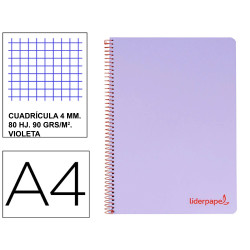 Cuaderno espiral con tapas de polipropileno liderpapel serie wonder, din a4, 80 hj. 90 grs/m². 4x4 c/m. violeta