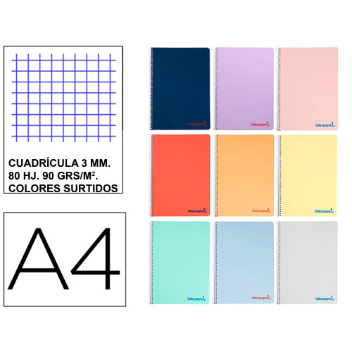 Cuaderno espiral con tapas de polipropileno liderpapel serie wonder, din a4, 80 hj. 90 grs/m². 3x3 c/m. colores surtidos
