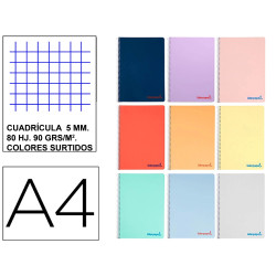 Cuaderno espiral con tapas de polipropileno liderpapel serie wonder, din a4, 80 hj. 90 grs/m². 5x5 c/m. colores surtidos