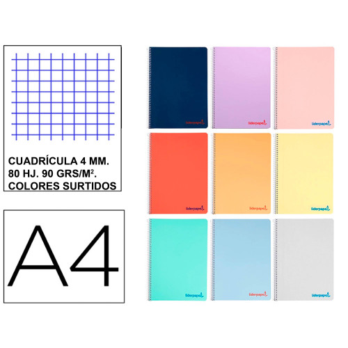 Cuaderno espiral con tapas de polipropileno liderpapel serie wonder, din a4, 80 hj. 90 grs/m². 4x4 c/m. colores surtidos