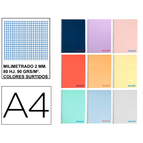 Cuaderno espiral con tapas de polipropileno liderpapel serie wonder, din a4, 80 hj. 90 grs. milimetrado 2 mm. c/m.