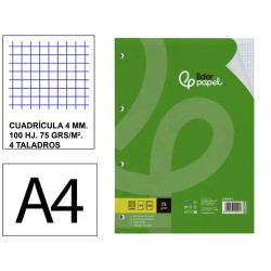 Recambio de anillas con 4 taladros liderpapel, din a4, 100 hj. 75 grs/m². 4x4 c/m.