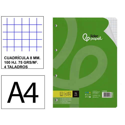 Recambio de anillas con 4 taladros liderpapel, din a4, 100 hj. 75 grs/m². 8x8 c/m.