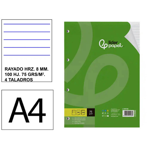 Recambio de anillas con 4 taladros liderpapel, din a4, 100 hj. 75 grs/m². rayado horizontal 8 mm. c/m.