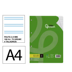 Recambio de anillas con 4 taladros liderpapel, din a4, 100 hj. 60 grs/m². pauta estrecha 2,5 mm. c/m.