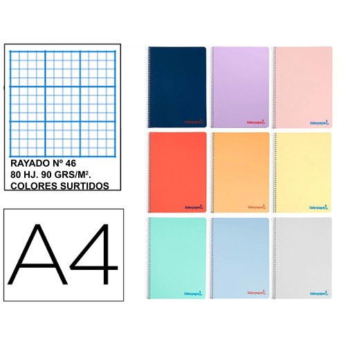 Cuaderno espiral con tapas de polipropileno liderpapel serie wonder, din a4, 80 hj. 90 grs/m². rayado nº 46 s/m colores surtidos
