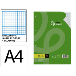 Recambio de anillas con 4 taladros liderpapel, din a4, 100 hj. 75 grs/m². rayado nº 46 s/m.
