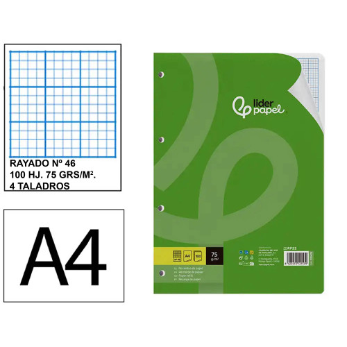 Recambio de anillas con 4 taladros liderpapel, din a4, 100 hj. 75 grs/m². rayado nº 46 s/m.