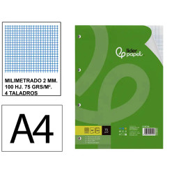 Recambio de anillas con 4 taladros liderpapel, din a4, 100 hj. 75 grs/m². milimetrado 2 mm. s/m.
