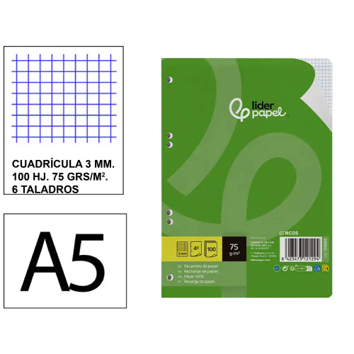 Recambio de anillas con 6 taladros liderpapel, din a5, 100 hj. 75 grs/m². 3x3 c/m.