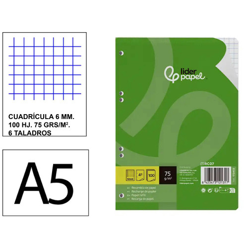 Recambio de anillas con 6 taladros liderpapel, din a5, 100 hj. 75 grs/m². 6x6 c/m.