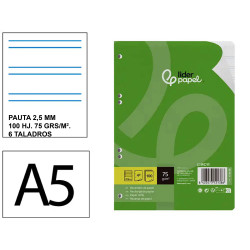Recambio de anillas con 6 taladros liderpapel, din a5, 100 hj. 75 grs/m². pauta estrecha 2,5 mm. c/m.