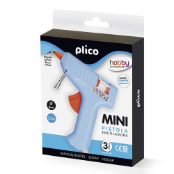 Pistola de cola termofusible plico mini 25 w + 3 barras de cola plico, Ø 7,5 mm. x 10 cm.