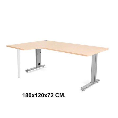 Mesa de oficina rocada metal l izquierda, 180x120x72 cm. haya / aluminio