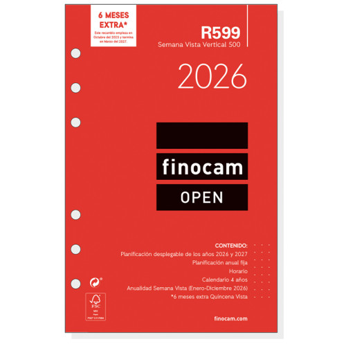 Recambio agenda finocam open 500, 117x181 mm. semana vista vertical