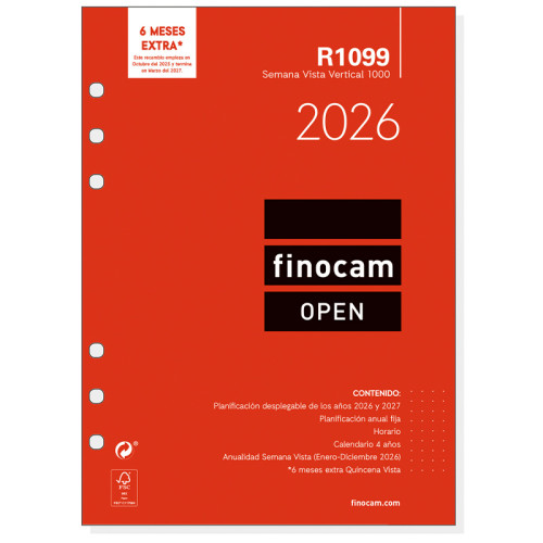 Recambio agenda finocam open 1000, 155x215 mm. semana vista vertical