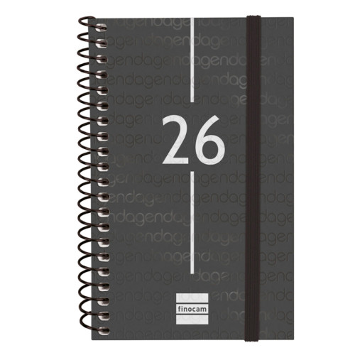Agenda espiral finocam year e3, 79x127 mm. semana vista horizontal, tapas de polipropileno traslúcido, negro