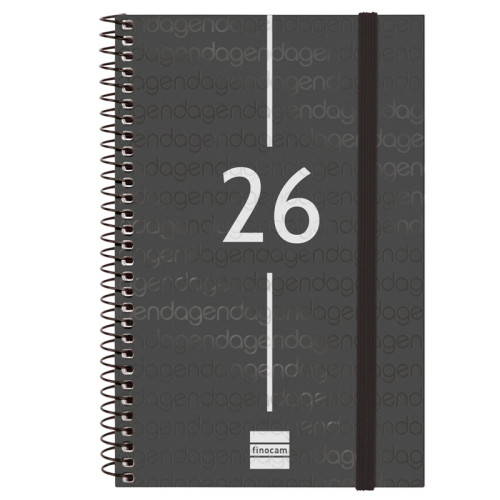 Agenda espiral finocam year e5, 117x181 mm. semana vista horizontal, tapas de polipropileno traslúcido, negro